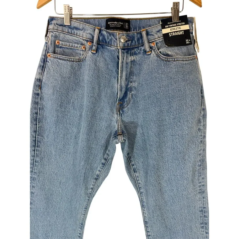 NWT Abercrombie & Fitch Vintage Stretch Athletic Straight Jeans 32x30 Blue Wash